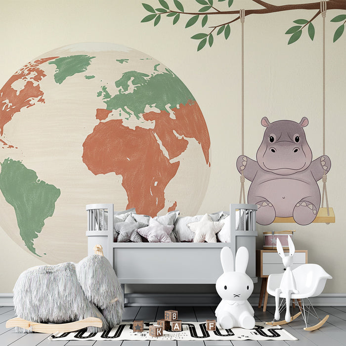Papel pintado infantil | Hipopótamo feliz en un columpio con el mundo de fondo