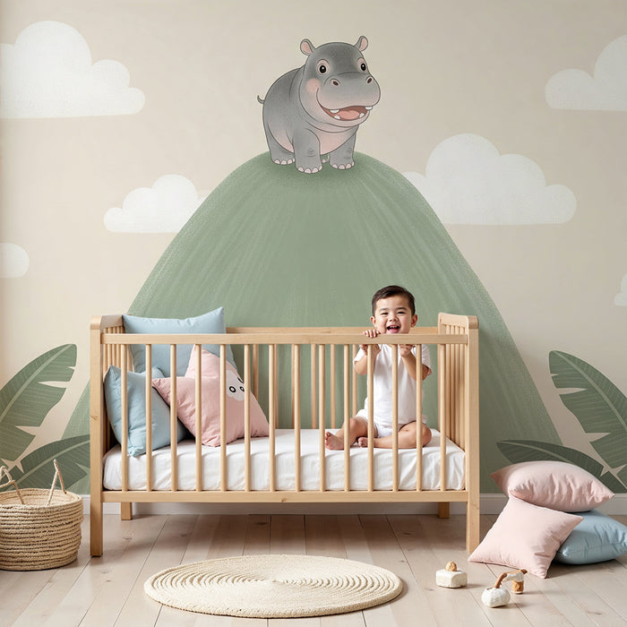 Nursery room wallpaper | Boldog víziló dombon