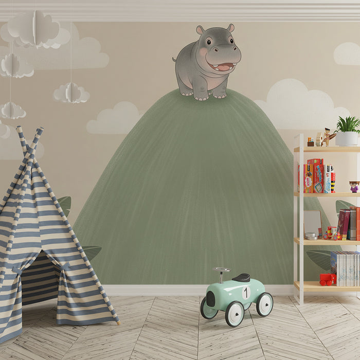 Nursery room wallpaper | Boldog víziló dombon