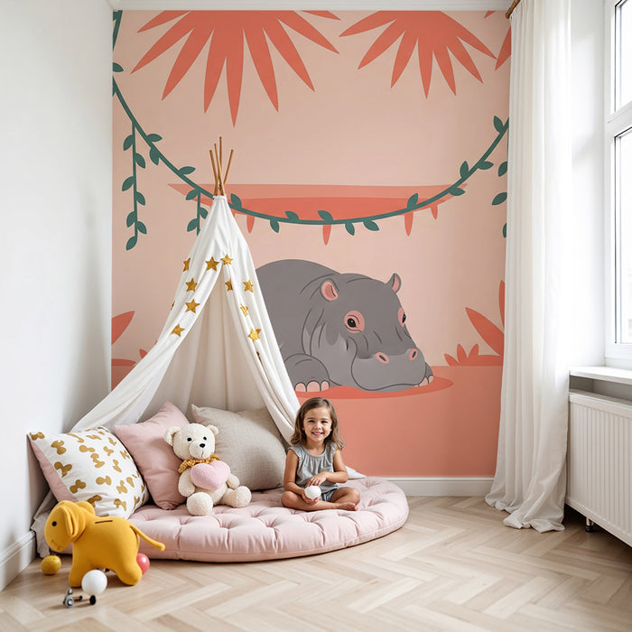 Nursery room wallpaper | Cute hippopotamus in the middle of the jungle
