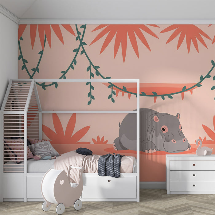 Nursery room wallpaper | Cute hippopotamus in the middle of the jungle
