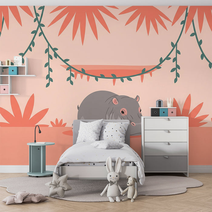 Nursery room wallpaper | Cute hippopotamus in the middle of the jungle