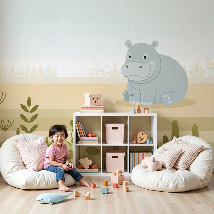 Babykamer behang | Schattige nijlpaard in het midden van zachte vegetatie