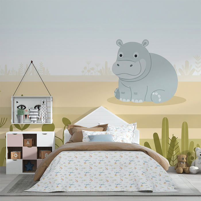 Babykamer behang | Schattige nijlpaard in het midden van zachte vegetatie