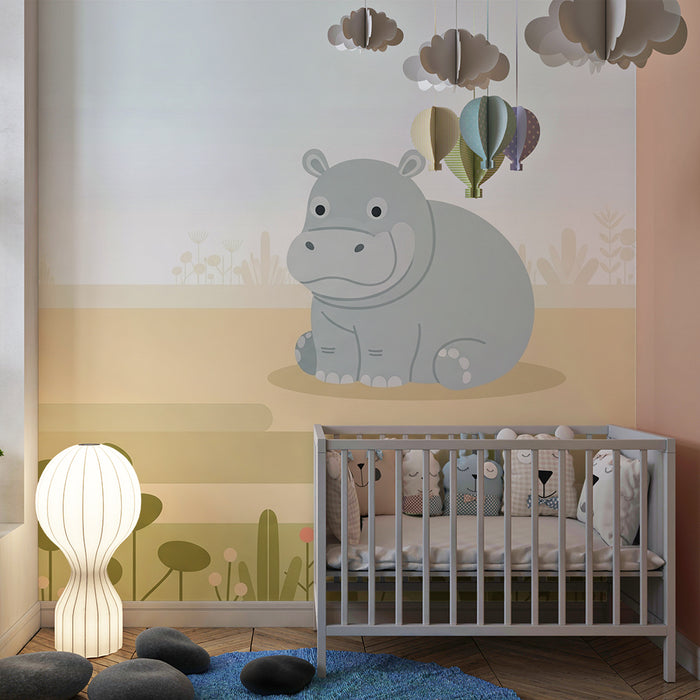 Babykamer behang | Schattige nijlpaard in het midden van zachte vegetatie