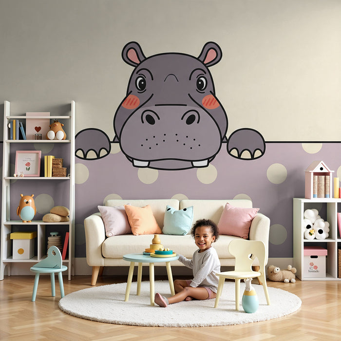 Papier peint chambre bébé | Hippopotame mignon avec motifs à pois