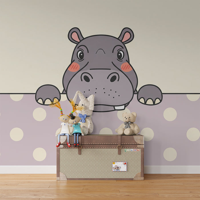 Papier peint chambre bébé | Hippopotame mignon avec motifs à pois