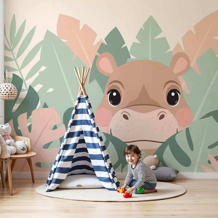 Papel pintado infantil | Hipopótamo lindo escondido en la vegetación tropical