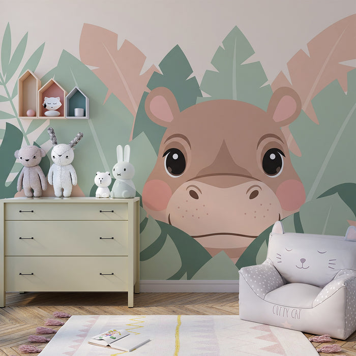 Papel pintado infantil | Hipopótamo lindo escondido en la vegetación tropical