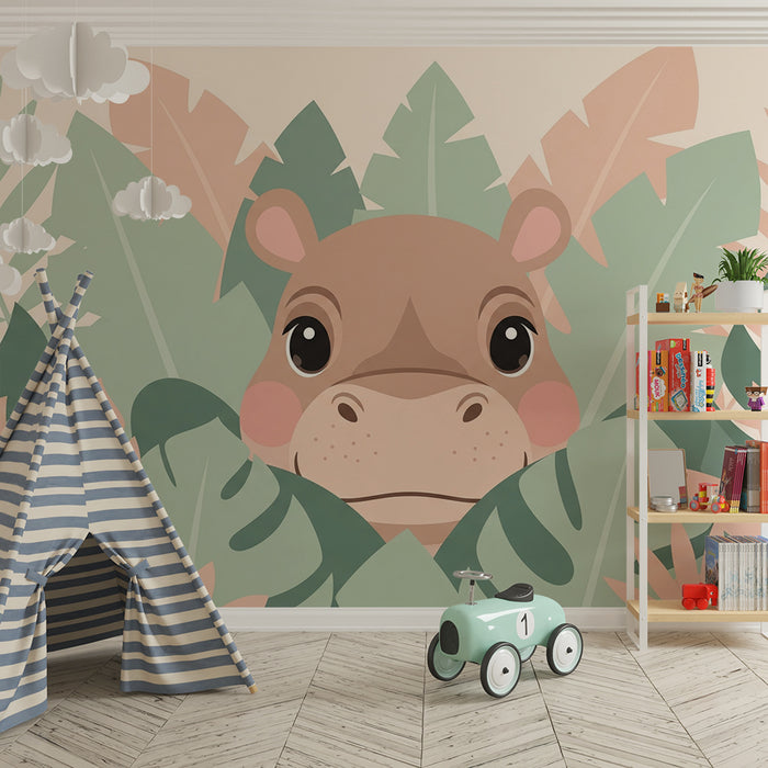 Papel pintado infantil | Hipopótamo lindo escondido en la vegetación tropical