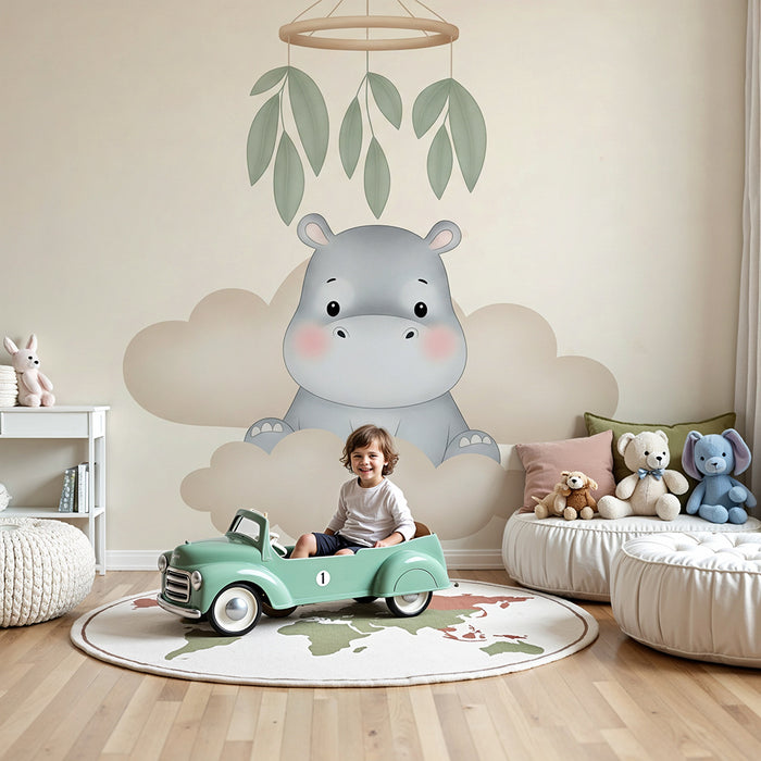 Lastenhuoneen tapetti | Söpö virtahepo pilvissä