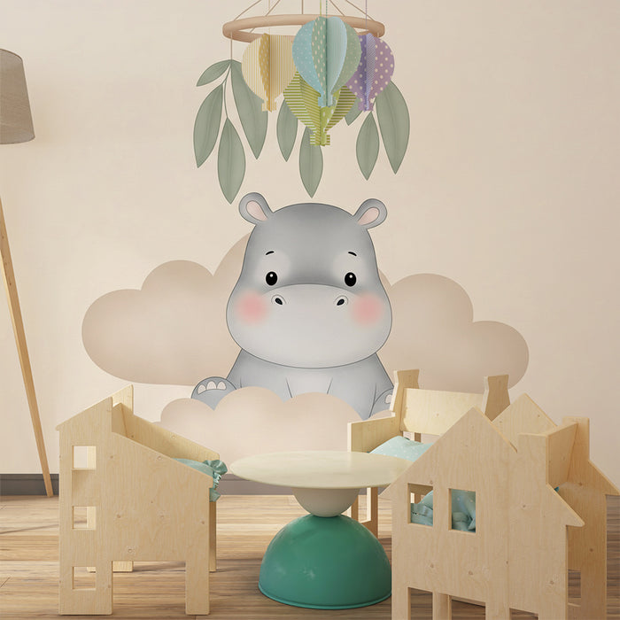 Lastenhuoneen tapetti | Söpö virtahepo pilvissä