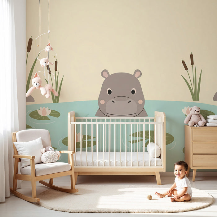 Papier peint chambre bébé | Hippopotame mignon dans un étang paisible