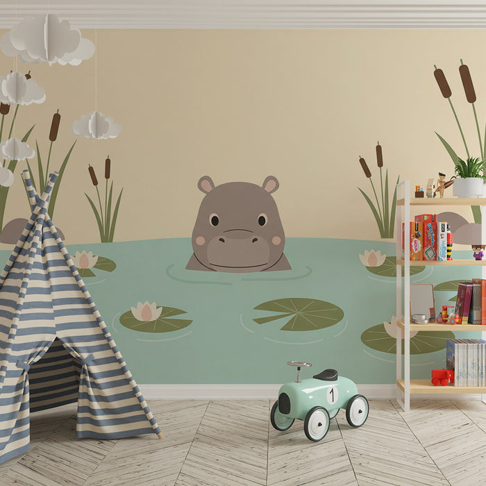 Papier peint chambre bébé | Hippopotame mignon dans un étang paisible