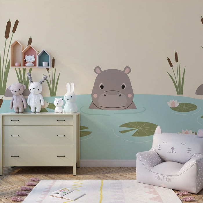 Papier peint chambre bébé | Hippopotame mignon dans un étang paisible