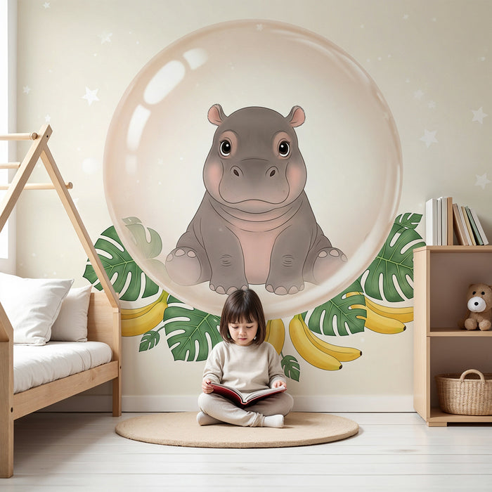 Papier peint chambre bébé | Hippopotame mignon dans une bulle