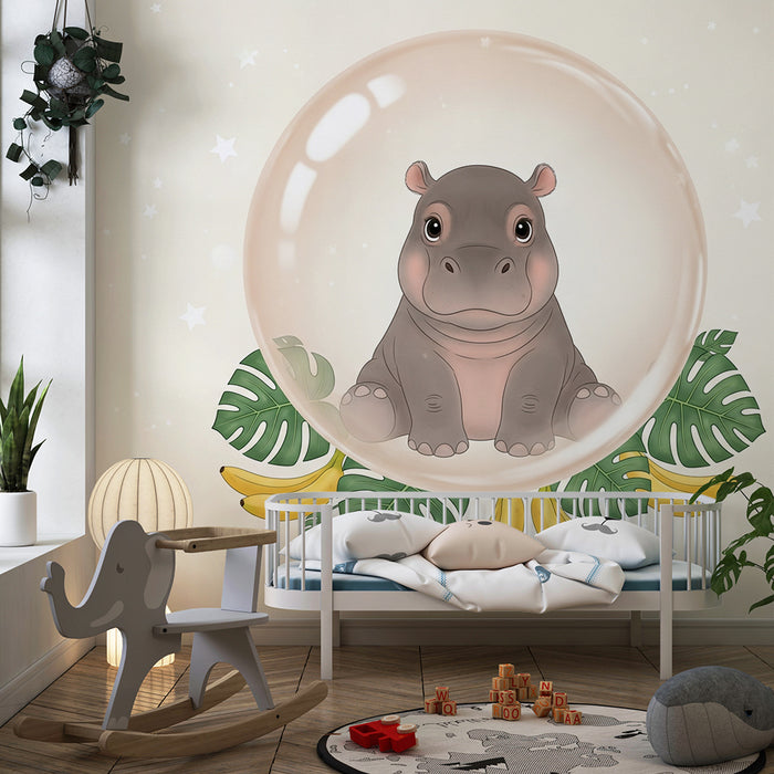 Papier peint chambre bébé | Hippopotame mignon dans une bulle