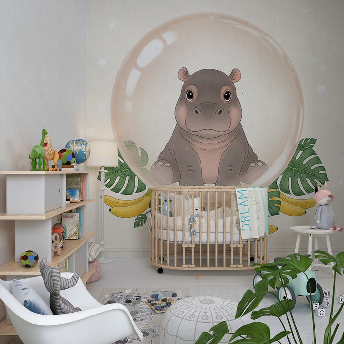 Papier peint chambre bébé | Hippopotame mignon dans une bulle