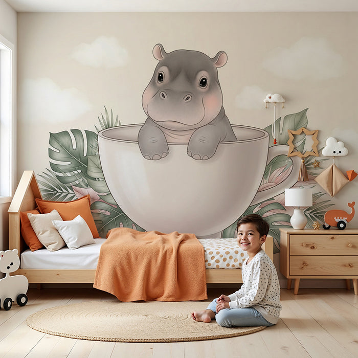 Papier peint chambre bébé | Hippopotame mignon dans une tasse