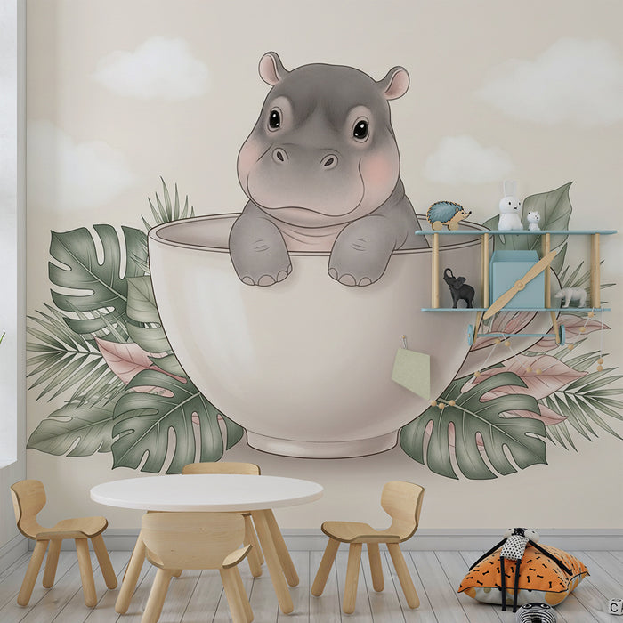 Papier peint chambre bébé | Hippopotame mignon dans une tasse