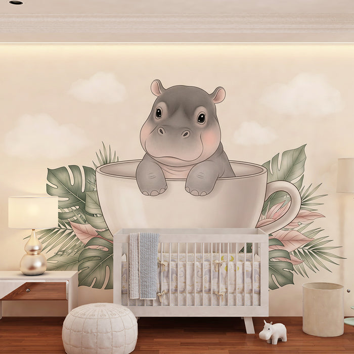 Papier peint chambre bébé | Hippopotame mignon dans une tasse
