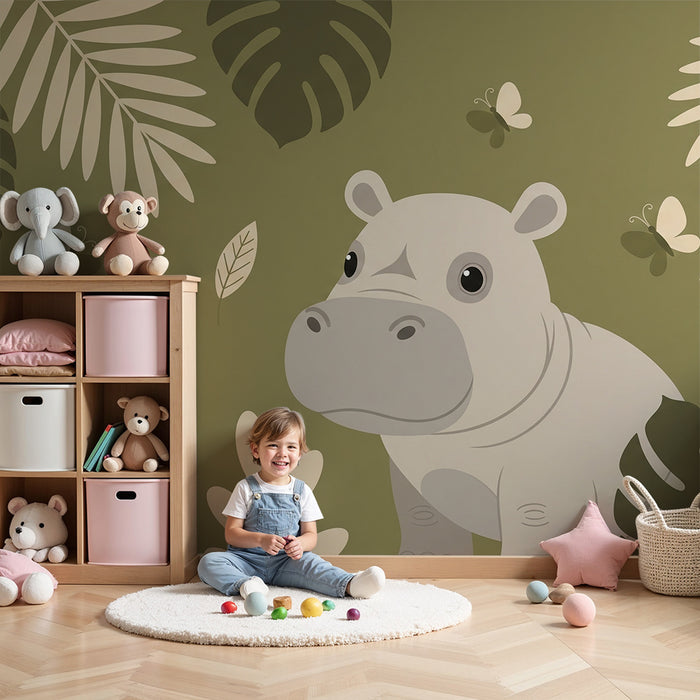 Papel pintado infantil | Hipopótamo lindo rodeado de follaje tropical