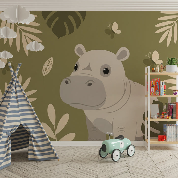 Papel pintado infantil | Hipopótamo lindo rodeado de follaje tropical
