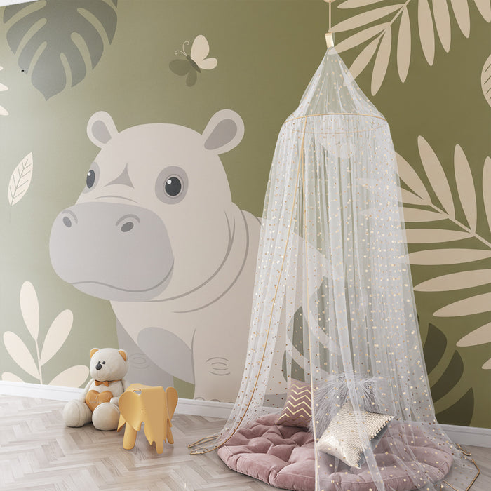 Papel pintado infantil | Hipopótamo lindo rodeado de follaje tropical