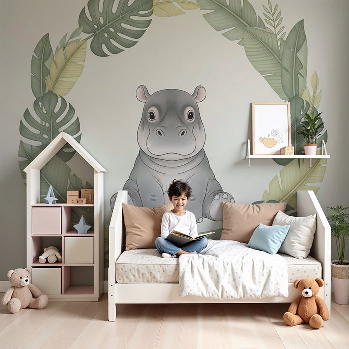 Papier peint chambre bébé | Hippopotame mignon entouré de feuillage tropical