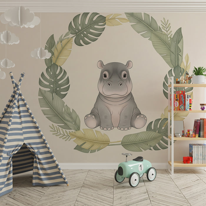 Papier peint chambre bébé | Hippopotame mignon entouré de feuillage tropical