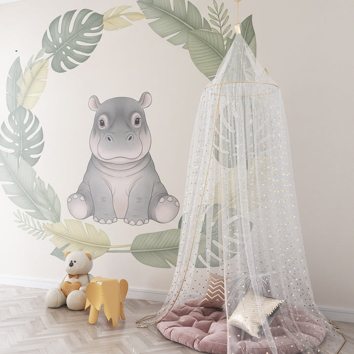 Papier peint chambre bébé | Hippopotame mignon entouré de feuillage tropical