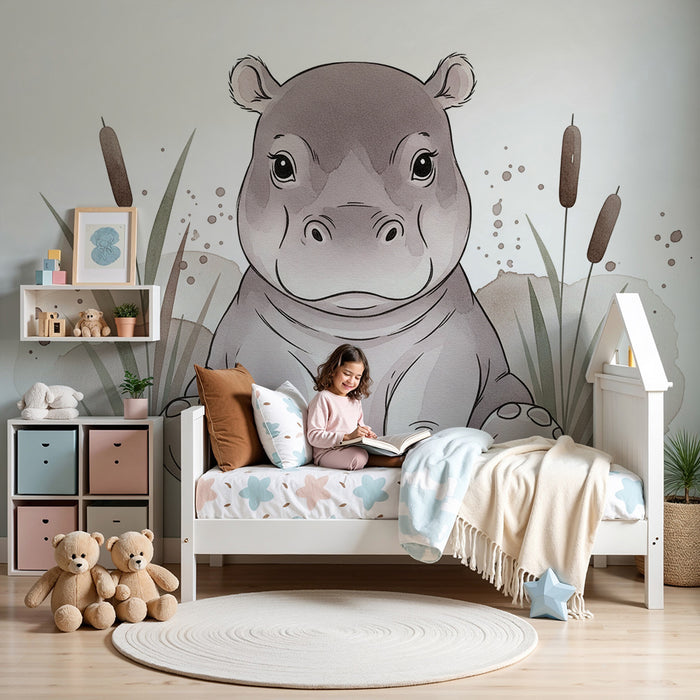 Papel pintado para habitación infantil | Hipopótamo adorable rodeado de vegetación suave