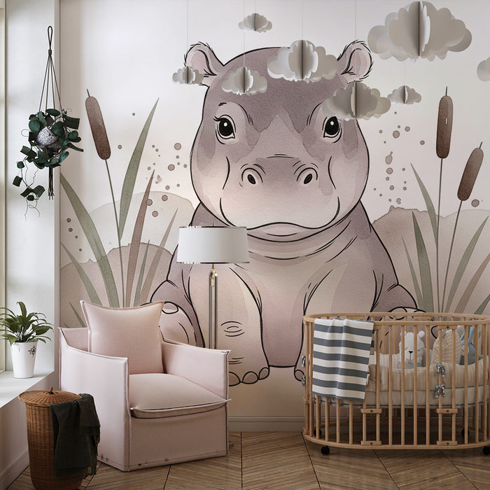 Papel pintado para habitación infantil | Hipopótamo adorable rodeado de vegetación suave