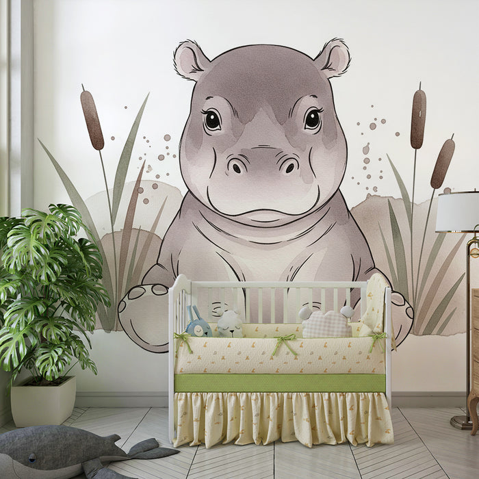 Papel pintado para habitación infantil | Hipopótamo adorable rodeado de vegetación suave