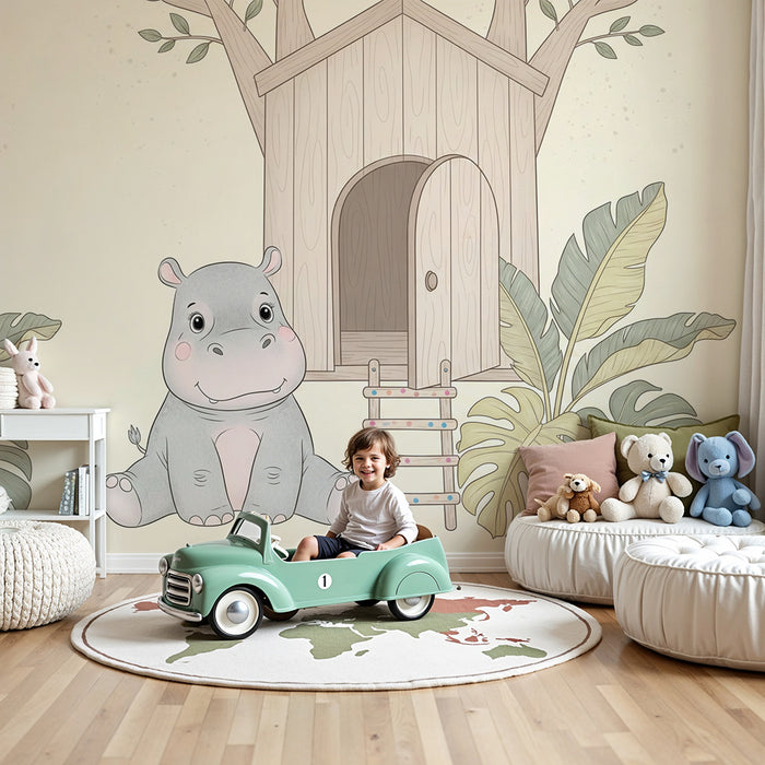 Papier peint chambre bébé | Hippopotame mignon et maison dans les arbres
