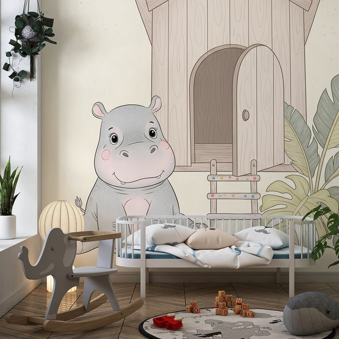 Papier peint chambre bébé | Hippopotame mignon et maison dans les arbres