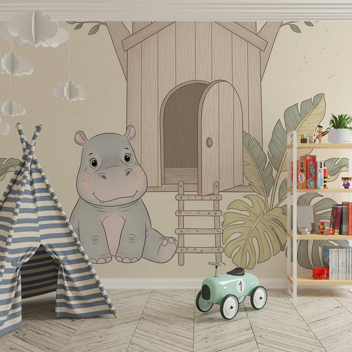 Papier peint chambre bébé | Hippopotame mignon et maison dans les arbres