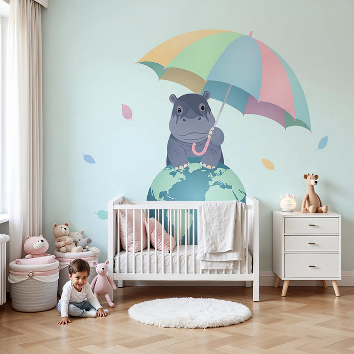 Papel de parede quarto bebê | Симпатична хипопотам под цветен чадър на планетата