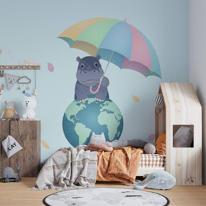 Papel de parede quarto bebê | Симпатична хипопотам под цветен чадър на планетата