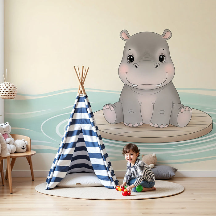Χαριτωμένος ιπποπόταμος σε φουσκωτό στο δωμάτιο του μωρού