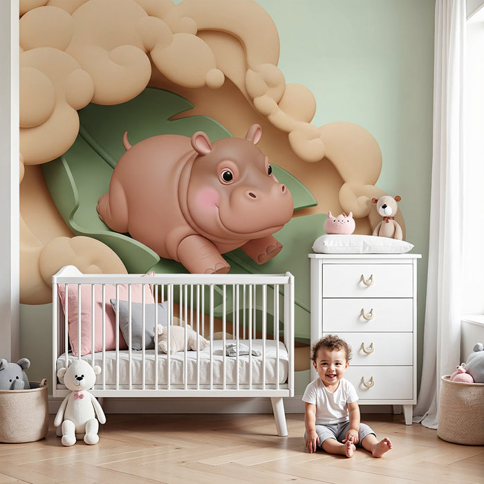 Papel pintado infantil | Hipopótamo lindo en una hoja con nubes suaves