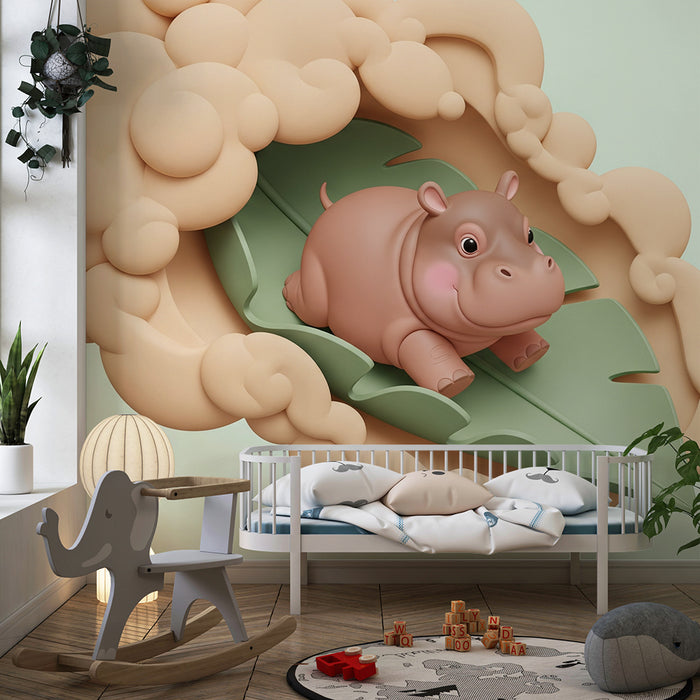 Papel pintado infantil | Hipopótamo lindo en una hoja con nubes suaves