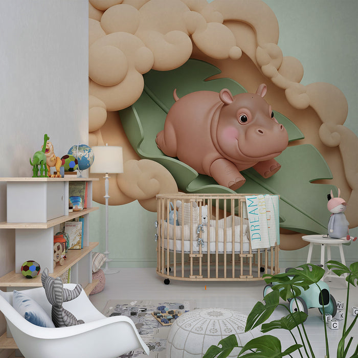 Papel pintado infantil | Hipopótamo lindo en una hoja con nubes suaves