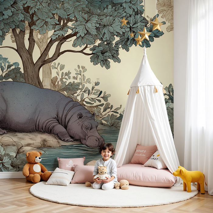 Babyzimmer Tapete | Friedlicher Nilpferd am Wasser umgeben von Grünzeug