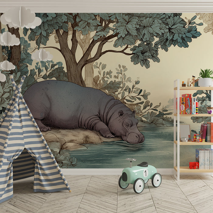 Babyzimmer Tapete | Friedlicher Nilpferd am Wasser umgeben von Grünzeug