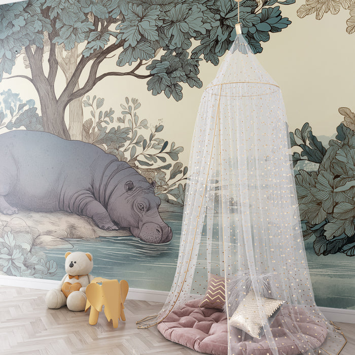 Babyzimmer Tapete | Friedlicher Nilpferd am Wasser umgeben von Grünzeug