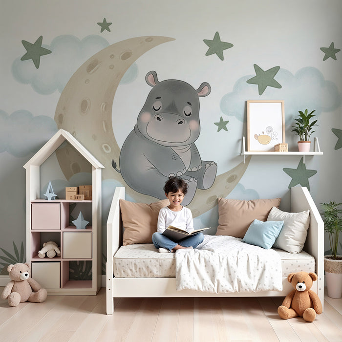 Papier peint chambre bébé | Hippopotame rêveur sur la lune