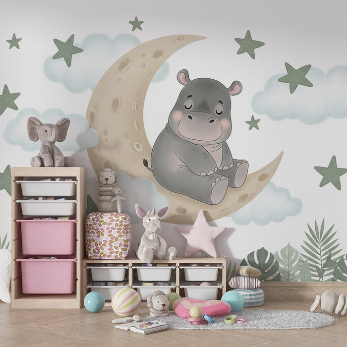 Papier peint chambre bébé | Hippopotame rêveur sur la lune