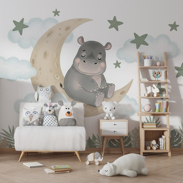 Papier peint chambre bébé | Hippopotame rêveur sur la lune