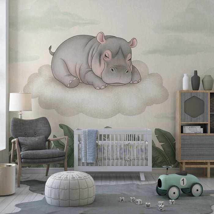 Babyzimmer Tapete | Träumendes Nilpferd auf einer Wolke